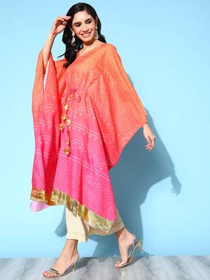 Orange cotton blend printed kaftan kurta 3