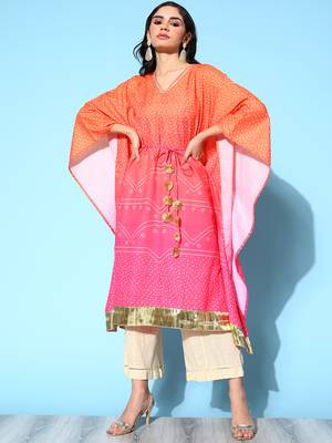 Orange cotton blend printed kaftan kurta 5