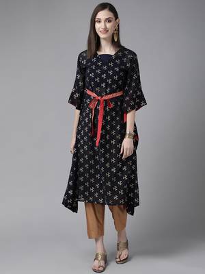 Navy blue georgette gold printed kaftan kurta 1
