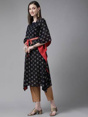 Navy blue georgette gold printed kaftan kurta 4