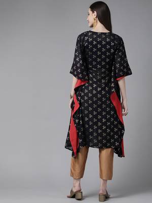 Navy blue georgette gold printed kaftan kurta 5