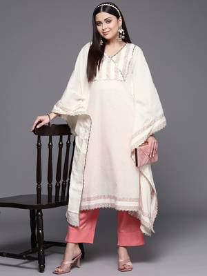 Off white pure cotton printed flared sleeve kaftan kurta 5