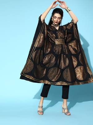 Black & copper printed flared sleeve kaftan kurta 1