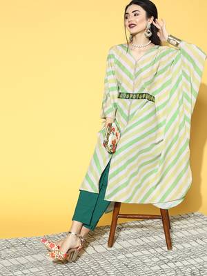 Green digital printed flared sleeve kaftan kurta 1