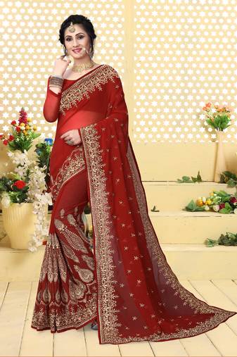 Maroon Heavy Zari Embroidery Work Georgette Saree
