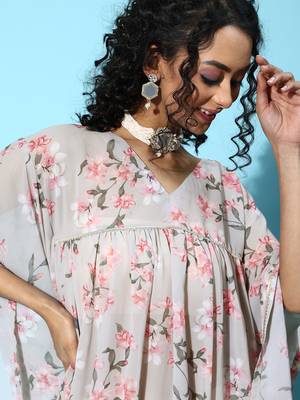 Grey georgette floral printed kaftan kurta 1