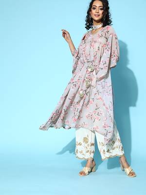 Grey georgette floral printed kaftan kurta 2