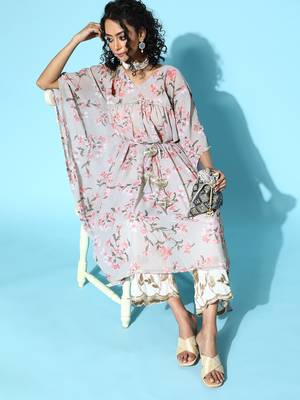 Grey georgette floral printed kaftan kurta 3