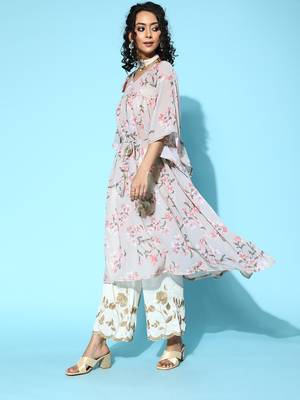 Grey georgette floral printed kaftan kurta 4