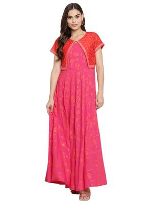 Pink & orange khari print kurta with jacket 1
