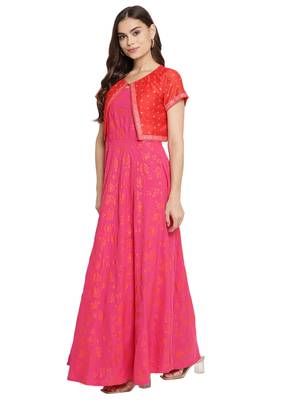 Pink & orange khari print kurta with jacket 3