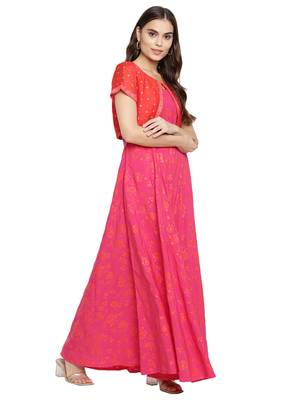 Pink & orange khari print kurta with jacket 4