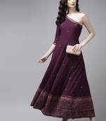 Burgundy & gold-toned printed one shoulder ethnic maxi dress