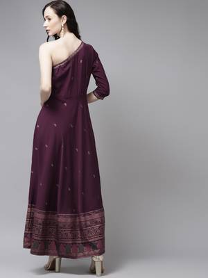 Burgundy & gold-toned printed one shoulder ethnic maxi dress 4