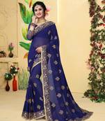 Navy Blue Heavy Zari Embroidery Work Georgette Saree