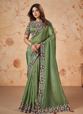 Green Faux Banarasi Crush Silk Embroidered Saree With Unstitched Blouse Piece 1