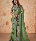 Green Faux Banarasi Crush Silk Embroidered Saree With Unstitched Blouse Piece