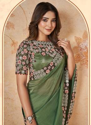 Green Faux Banarasi Crush Silk Embroidered Saree With Unstitched Blouse Piece 3