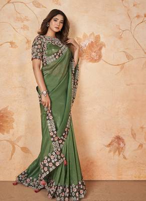 Green Faux Banarasi Crush Silk Embroidered Saree With Unstitched Blouse Piece 4