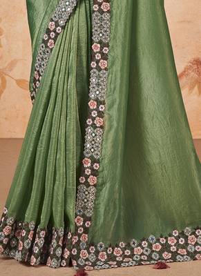 Green Faux Banarasi Crush Silk Embroidered Saree With Unstitched Blouse Piece 5