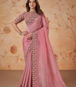 Pink banarasi crush silk embroidered saree with unstitched blouse piece