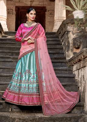 SKY BLUE RESHAM & ZARI EMBROIDERED SATIN DESIGNER BRIDAL WEDDING & PARTY WEAR FESTIVAL SEMI STITCHED LEHENGA 1