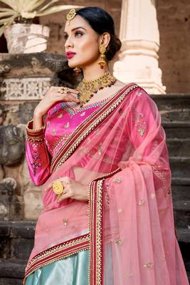 SKY BLUE RESHAM & ZARI EMBROIDERED SATIN DESIGNER BRIDAL WEDDING & PARTY WEAR FESTIVAL SEMI STITCHED LEHENGA 3