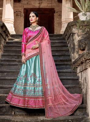 SKY BLUE RESHAM & ZARI EMBROIDERED SATIN DESIGNER BRIDAL WEDDING & PARTY WEAR FESTIVAL SEMI STITCHED LEHENGA 4