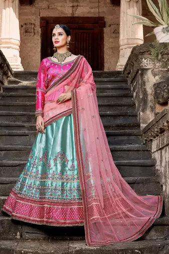 SKY BLUE RESHAM & ZARI EMBROIDERED SATIN DESIGNER BRIDAL WEDDING & PARTY WEAR FESTIVAL SEMI STITCHED LEHENGA