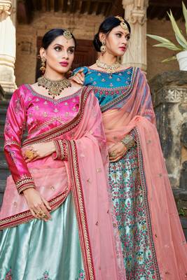 SKY BLUE RESHAM & ZARI EMBROIDERED SATIN DESIGNER BRIDAL WEDDING & PARTY WEAR FESTIVAL SEMI STITCHED LEHENGA 5