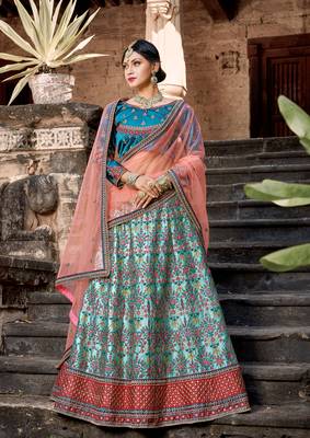 SKY BLUE RESHAM & ZARI EMBROIDERED SATIN DESIGNER BRIDAL WEDDING & PARTY WEAR FESTIVAL SEMI STITCHED LEHENGA 1