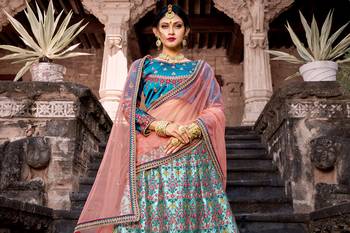SKY BLUE RESHAM & ZARI EMBROIDERED SATIN DESIGNER BRIDAL WEDDING & PARTY WEAR FESTIVAL SEMI STITCHED LEHENGA 2