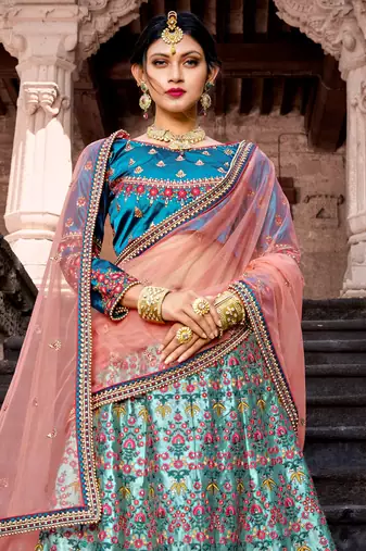 SKY BLUE RESHAM & ZARI EMBROIDERED SATIN DESIGNER BRIDAL WEDDING & PARTY WEAR FESTIVAL SEMI STITCHED LEHENGA