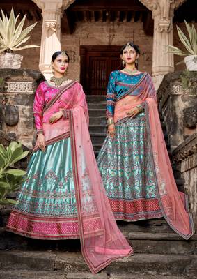 SKY BLUE RESHAM & ZARI EMBROIDERED SATIN DESIGNER BRIDAL WEDDING & PARTY WEAR FESTIVAL SEMI STITCHED LEHENGA 3