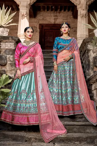 SKY BLUE RESHAM & ZARI EMBROIDERED SATIN DESIGNER BRIDAL WEDDING & PARTY WEAR FESTIVAL SEMI STITCHED LEHENGA