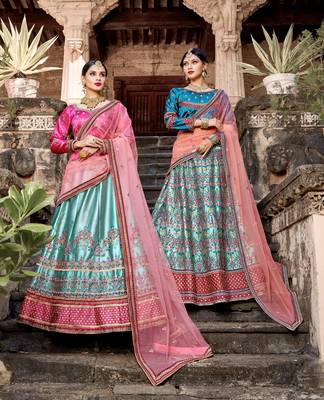 SKY BLUE RESHAM & ZARI EMBROIDERED SATIN DESIGNER BRIDAL WEDDING & PARTY WEAR FESTIVAL SEMI STITCHED LEHENGA 4