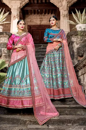 SKY BLUE RESHAM & ZARI EMBROIDERED SATIN DESIGNER BRIDAL WEDDING & PARTY WEAR FESTIVAL SEMI STITCHED LEHENGA