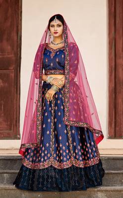 NAVY BLUE THREAD & SWAROVSKI EMBROIDERED SATIN DESIGNER BRIDAL WEDDING & PARTY WEAR FESTIVAL SEMI STITCHED LEHENGA 1