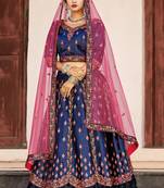 NAVY BLUE THREAD & SWAROVSKI EMBROIDERED SATIN DESIGNER BRIDAL WEDDING & PARTY WEAR FESTIVAL SEMI STITCHED LEHENGA