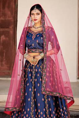 NAVY BLUE THREAD & SWAROVSKI EMBROIDERED SATIN DESIGNER BRIDAL WEDDING & PARTY WEAR FESTIVAL SEMI STITCHED LEHENGA 2