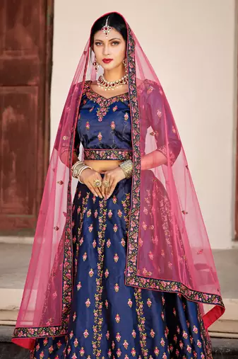 NAVY BLUE THREAD & SWAROVSKI EMBROIDERED SATIN DESIGNER BRIDAL WEDDING & PARTY WEAR FESTIVAL SEMI STITCHED LEHENGA
