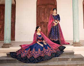 NAVY BLUE THREAD & SWAROVSKI EMBROIDERED SATIN DESIGNER BRIDAL WEDDING & PARTY WEAR FESTIVAL SEMI STITCHED LEHENGA 3