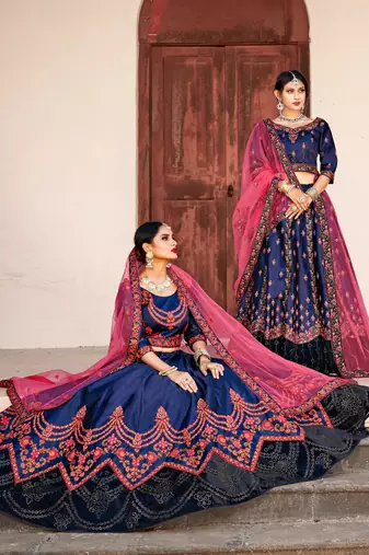 NAVY BLUE THREAD & SWAROVSKI EMBROIDERED SATIN DESIGNER BRIDAL WEDDING & PARTY WEAR FESTIVAL SEMI STITCHED LEHENGA