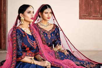 NAVY BLUE THREAD & SWAROVSKI EMBROIDERED SATIN DESIGNER BRIDAL WEDDING & PARTY WEAR FESTIVAL SEMI STITCHED LEHENGA 4