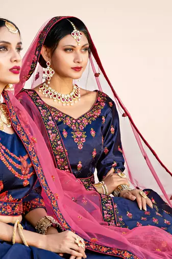 NAVY BLUE THREAD & SWAROVSKI EMBROIDERED SATIN DESIGNER BRIDAL WEDDING & PARTY WEAR FESTIVAL SEMI STITCHED LEHENGA