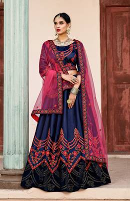 NAVY BLUE THREAD & SWAROVSKI EMBROIDERED SATIN DESIGNER BRIDAL WEDDING & PARTY WEAR FESTIVAL SEMI STITCHED LEHENGA 1