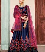 NAVY BLUE THREAD & SWAROVSKI EMBROIDERED SATIN DESIGNER BRIDAL WEDDING & PARTY WEAR FESTIVAL SEMI STITCHED LEHENGA