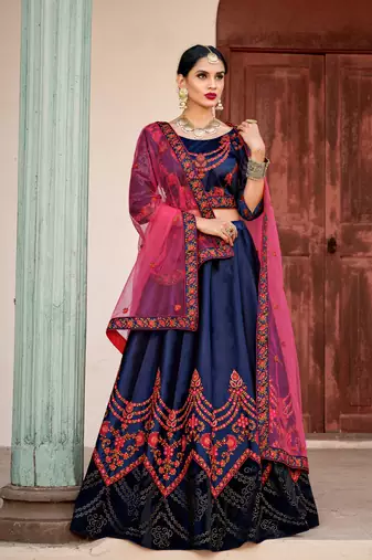 NAVY BLUE THREAD & SWAROVSKI EMBROIDERED SATIN DESIGNER BRIDAL WEDDING & PARTY WEAR FESTIVAL SEMI STITCHED LEHENGA