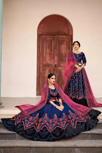 NAVY BLUE THREAD & SWAROVSKI EMBROIDERED SATIN DESIGNER BRIDAL WEDDING & PARTY WEAR FESTIVAL SEMI STITCHED LEHENGA