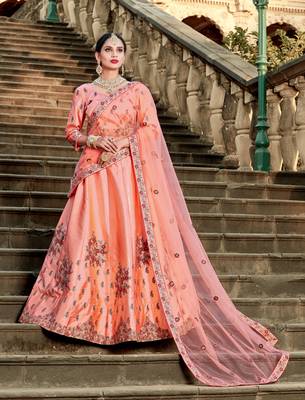 PEACH RESHAM EMBROIDERED SATIN DESIGNER BRIDAL WEDDING & PARTY WEAR FESTIVAL SEMI STITCHED LEHENGA 1